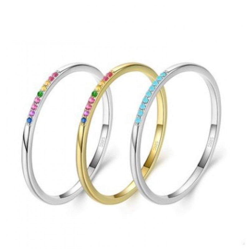 Simple And Versatile Sterling Silver Slender Rainbow Stone Ring Female Small Fresh Gypsophila Index Finger Ring